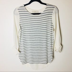 LOFT Gray & White Striped Hi Lo Roll Sleeve Blouse